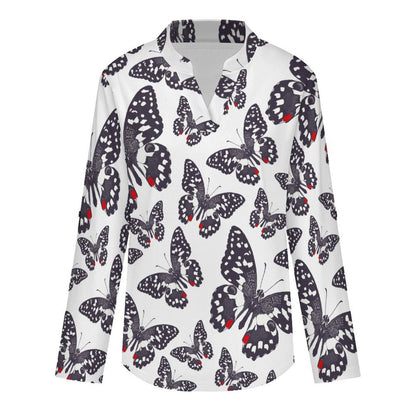 Women's Notched V Neck Tunic Tops, Roll Up 3/4 Sleeve Button Cuff Casual Blouse, Hem Loose Work Shirts  Butterfly, Repeating Pattern