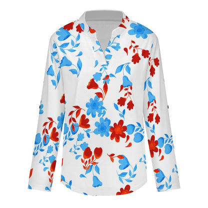 Flower, Repeating Pattern  Versatile Notched V-Neck Tunic | Roll Tab 3/4 Sleeve Office Casual Top