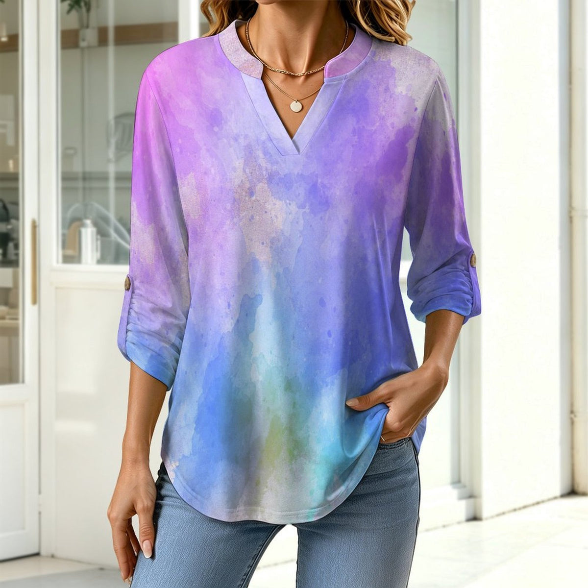 Color, Dazzling Color  Versatile Notched V-Neck Tunic | Roll Tab 3/4 Sleeve Office Casual Top