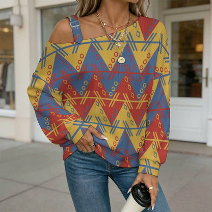Wavy Grid Buckle Strap Asymmetrical Off Shoulder Knit Sweater