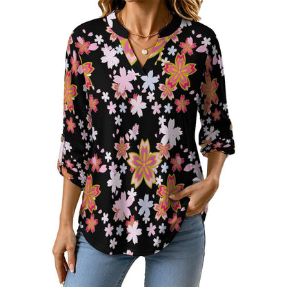 Black, Pink Cherry Blossoms Roll Tab 3/4 Sleeve Notched V Neck Tunic Blouse