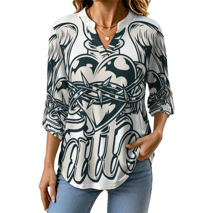 Heart, Angel, Wings Women's Notched V Neck Tunic Tops, Roll Up 3/4 Sleeve Button Cuff Casual Blouse, Hem Loose Work Shirts