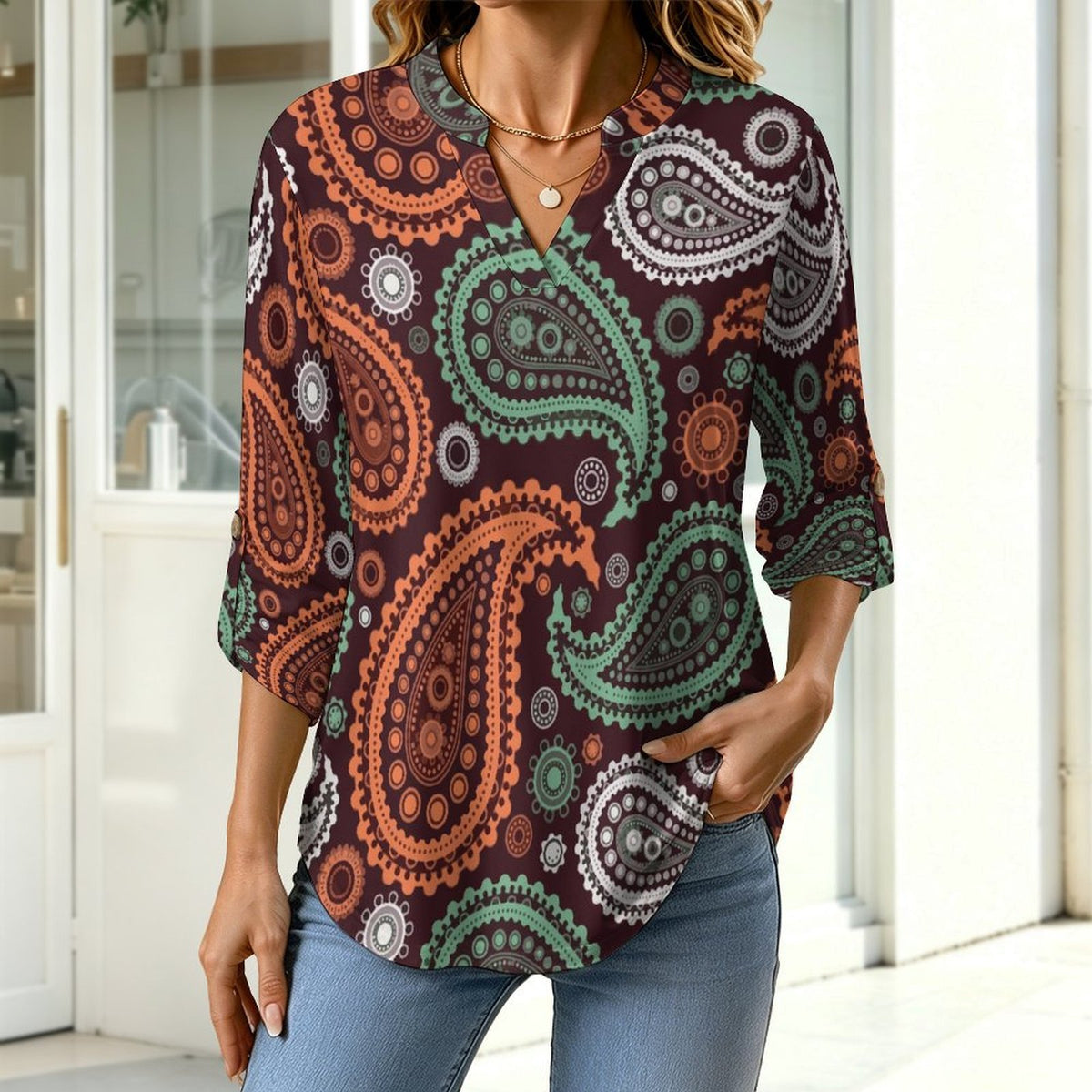 Paisley  Versatile Notched V-Neck Tunic | Roll Tab 3/4 Sleeve Office Casual Top