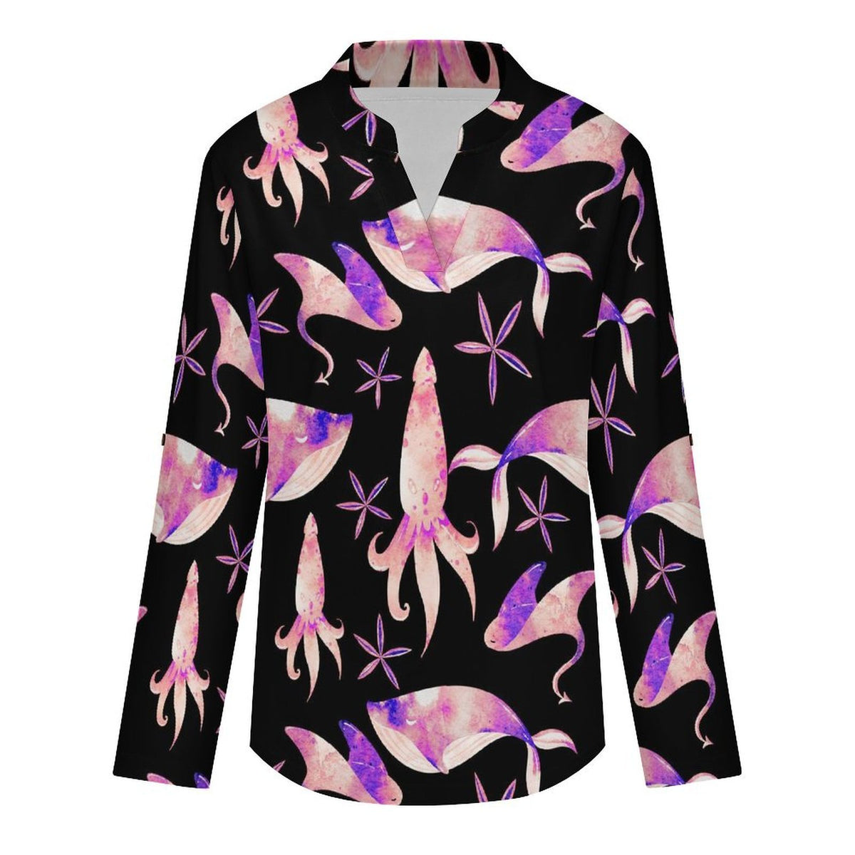 Versatile Notched V-Neck Tunic | Roll Tab 3/4 Sleeve Office Casual Top  Ocean Pattern
