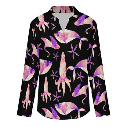 Versatile Notched V-Neck Tunic | Roll Tab 3/4 Sleeve Office Casual Top  Ocean Pattern