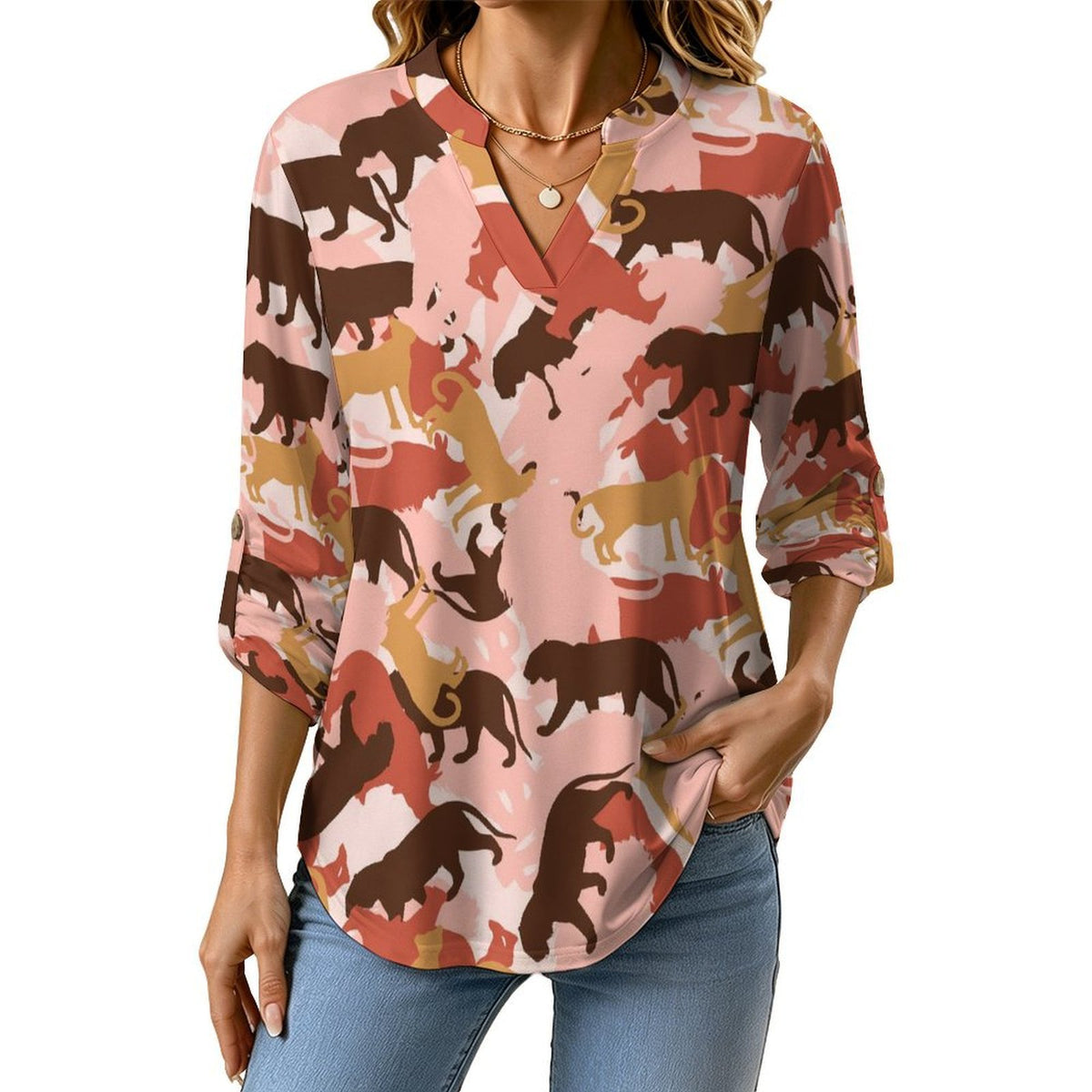 Camouflage, Animal  Versatile Notched V-Neck Tunic | Roll Tab 3/4 Sleeve Office Casual Top