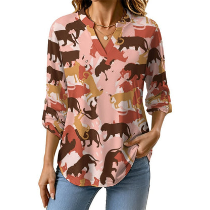 Camouflage, Animal  Versatile Notched V-Neck Tunic | Roll Tab 3/4 Sleeve Office Casual Top