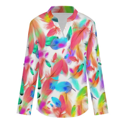 Colorful Feathers Roll Tab 3/4 Sleeve Notched V Neck Tunic Blouse