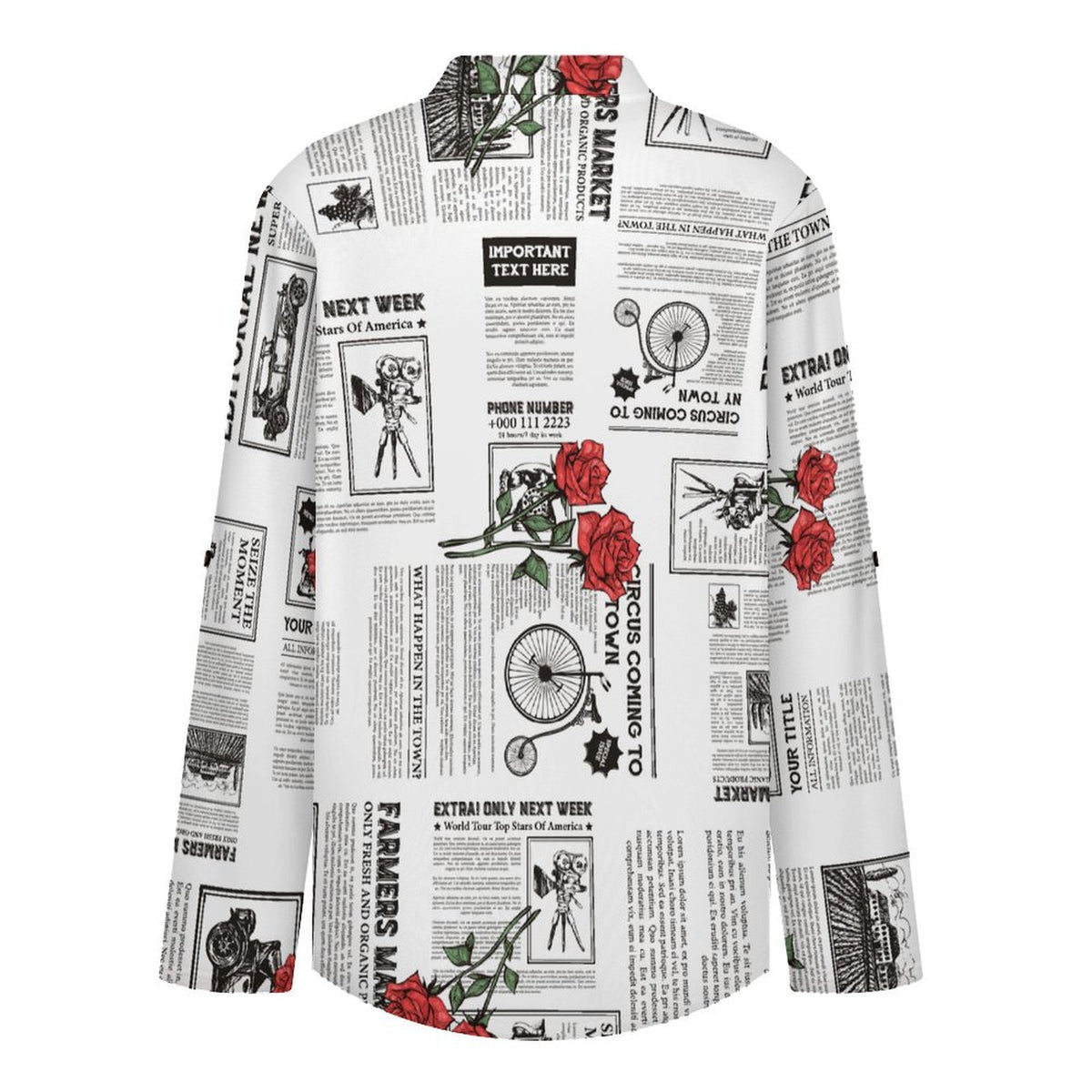 Versatile Notched V-Neck Tunic  Roll Tab 3/4 Sleeve Office Casual Top  Newspaper  Red Rose