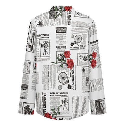 Versatile Notched V-Neck Tunic  Roll Tab 3/4 Sleeve Office Casual Top  Newspaper  Red Rose