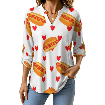 Roll Tab 3/4 Sleeve Notched V Neck Tunic Blouse  Hot Dogs, Hearts, Repeat