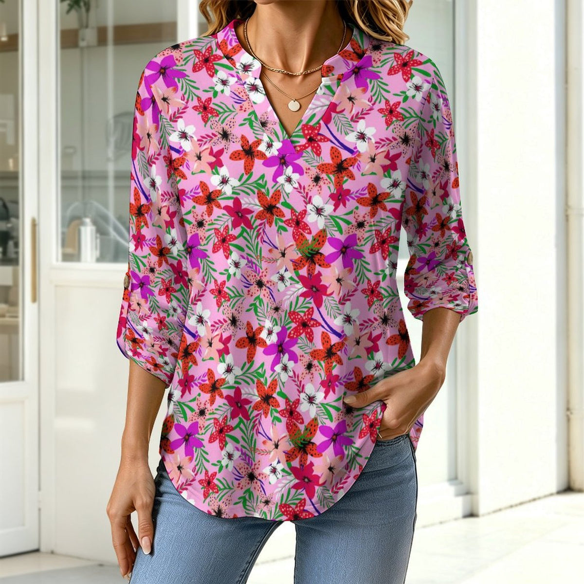 Flower Pattern  Versatile Notched V-Neck Tunic | Roll Tab 3/4 Sleeve Office Casual Top