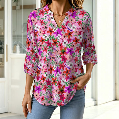 Flower Pattern  Versatile Notched V-Neck Tunic | Roll Tab 3/4 Sleeve Office Casual Top