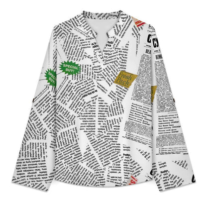 Stand-up Collar Long-sleeved Shirt Newspaper white S Women’s V-Neck Blouses