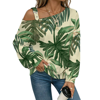 Ink Painting, Hemp Leaf Buckle Strap Asymmetrical Off Shoulder Knit Sweater