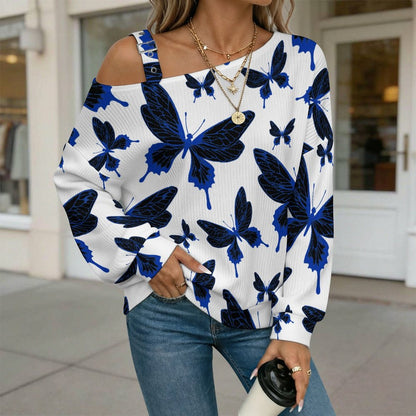 Women’s Off-Shoulder Knit Sweater Butterfly Good Luck Repeat Pattern