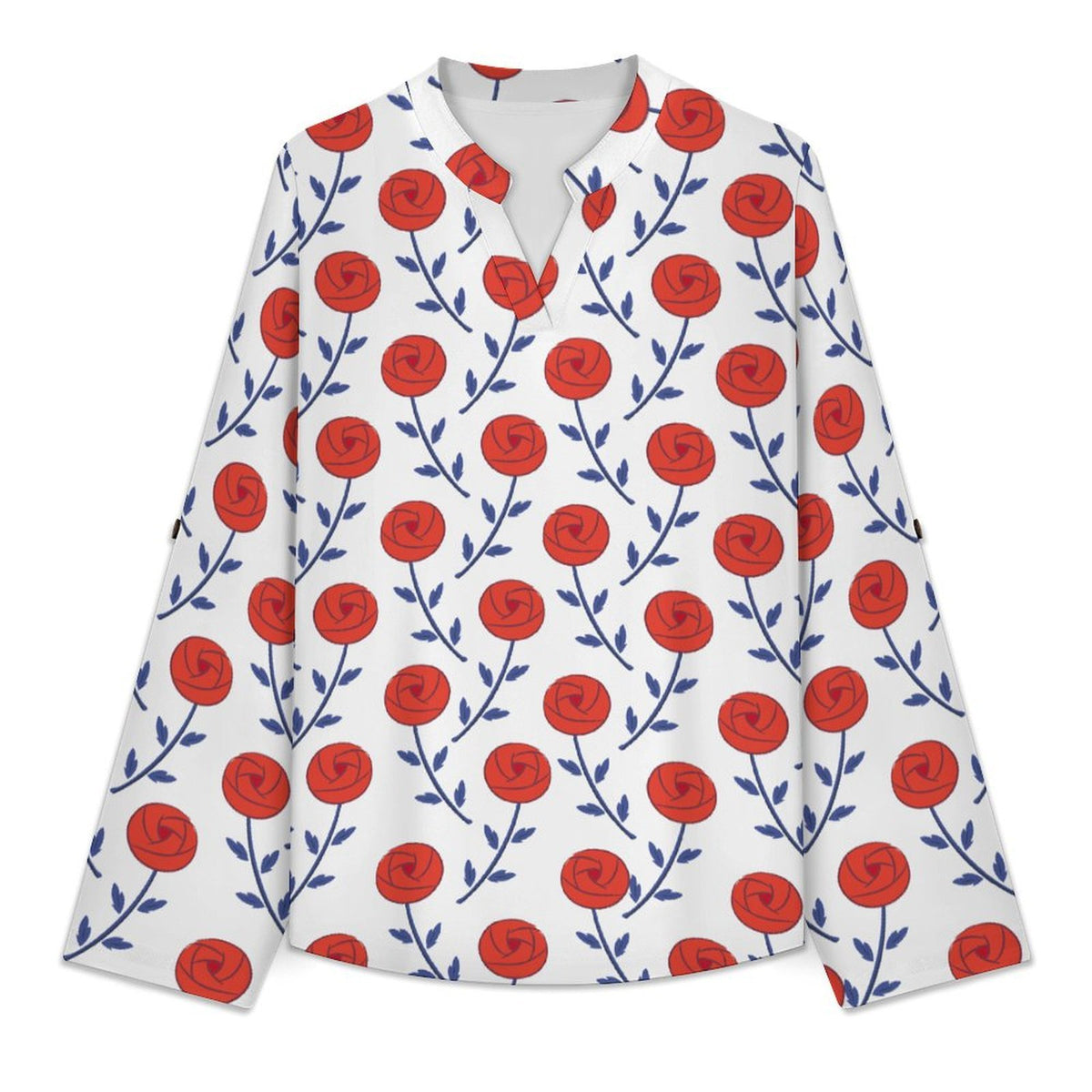 Rose, Repeating Pattern Roll Tab 3/4 Sleeve Notched V Neck Tunic Blouse
