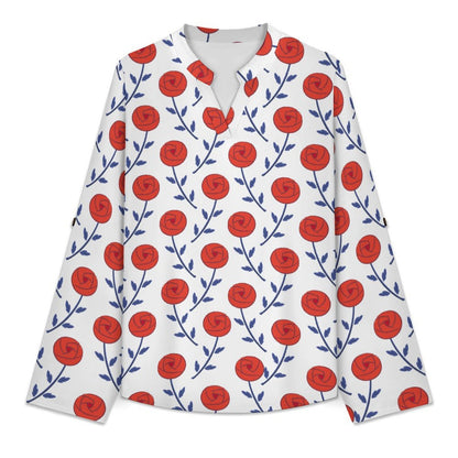 Rose, Repeating Pattern Roll Tab 3/4 Sleeve Notched V Neck Tunic Blouse