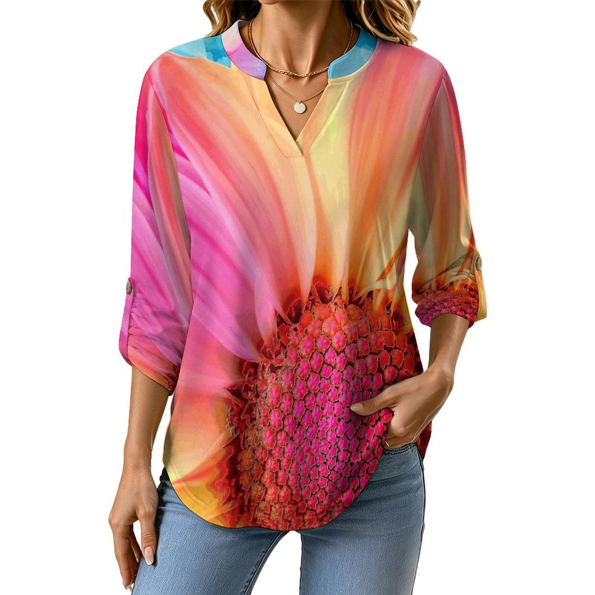 Women's Notched V Neck Tunic Tops, Roll Up 3/4 Sleeve Button Cuff Casual Blouse, Hem Loose Work Shirts Color Sunflower