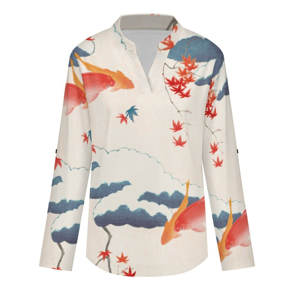 Chinese Wind, Maple Leaf, Fish  Versatile Notched V-Neck Tunic | Roll Tab 3/4 Sleeve Office Casual Top