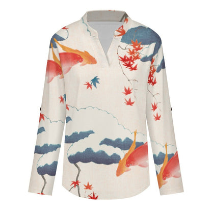 Chinese Wind, Maple Leaf, Fish  Versatile Notched V-Neck Tunic | Roll Tab 3/4 Sleeve Office Casual Top