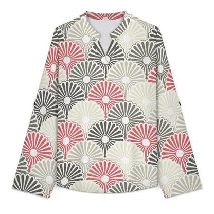 Repetitive Pattern  Versatile Notched V-Neck Tunic | Roll Tab 3/4 Sleeve Office Casual Top
