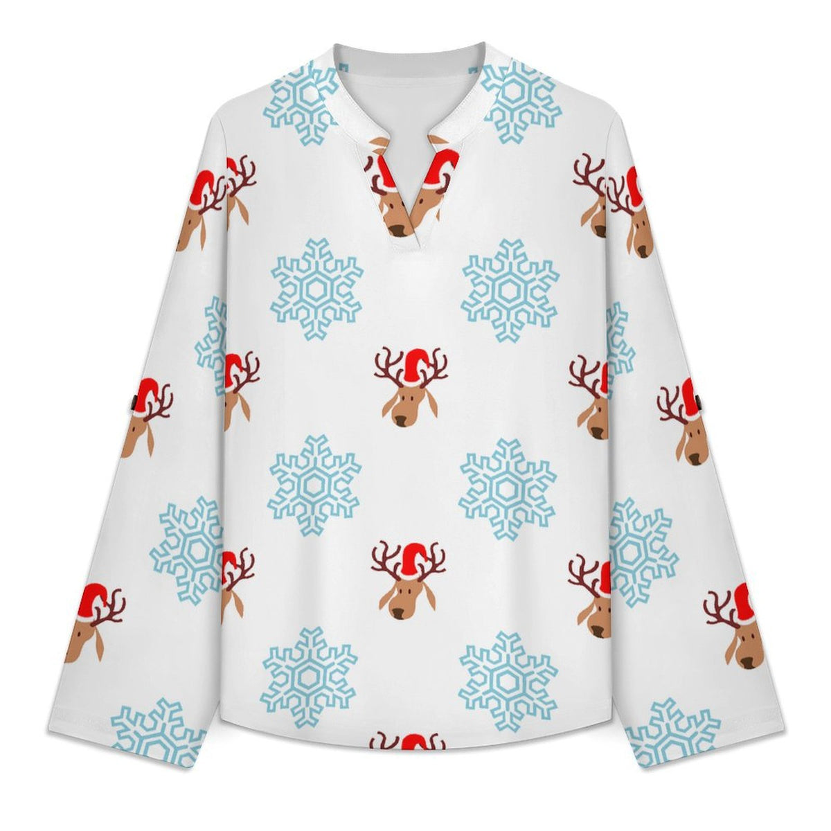 Snow, Elk  Versatile Notched V-Neck Tunic | Roll Tab 3/4 Sleeve Office Casual Top