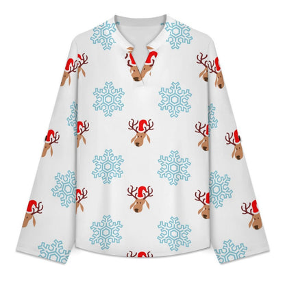 Snow, Elk  Versatile Notched V-Neck Tunic | Roll Tab 3/4 Sleeve Office Casual Top