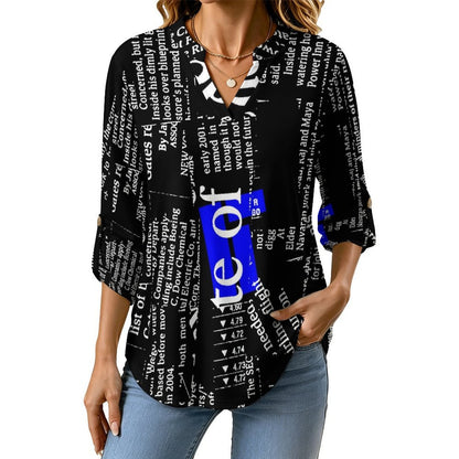 Stand-up Collar Long-sleeved Shirt Newspaper Dress white S Women’s V-Neck Blouses