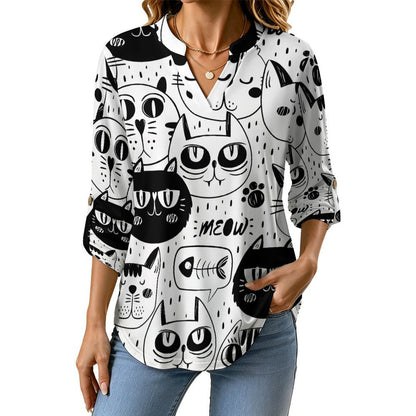 Stand-up Collar Long-sleeved Shirt Simple Strokes, Cat white S Women’s V-Neck Blouses