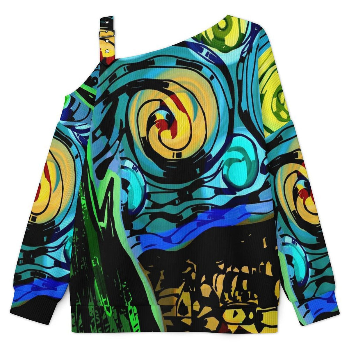 Fall Casual Asymmetric Shoulder Knit Top with Buckle Detail Abstract Painting, Witness