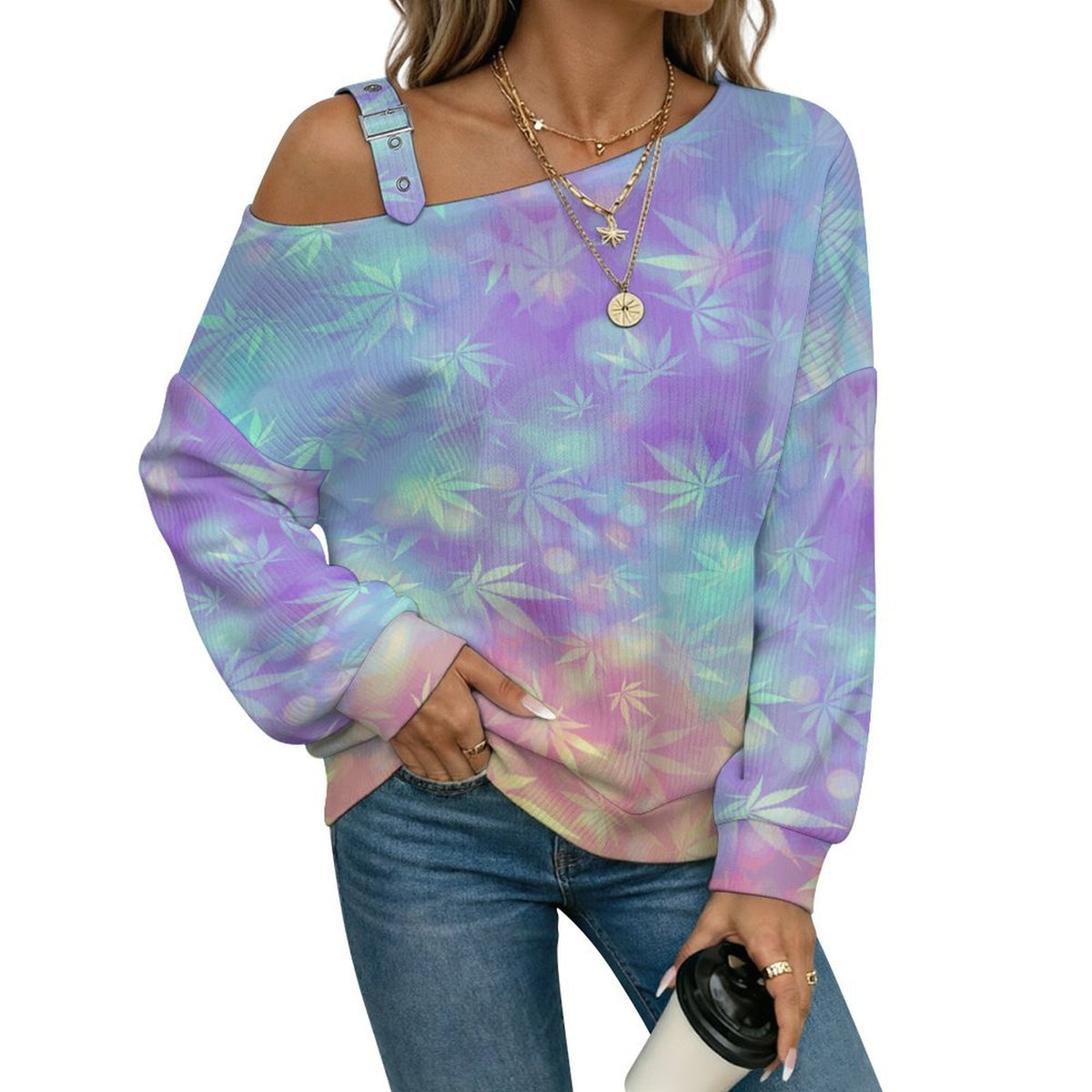 Fall Casual Asymmetric Shoulder Knit Top with Buckle Detail Colorful Leaf Pattern, Summer