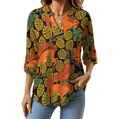 Yellow Squirrel, Autumn  Versatile Notched V-Neck Tunic | Roll Tab 3/4 Sleeve Office Casual Top