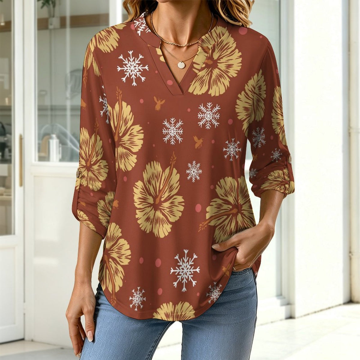 Stand-up Collar Long-sleeved Shirt Orange Background, Flowers  Customization Women’s V-Neck Blouses,long Sleeve,Roll-Up Sleeve Shirt