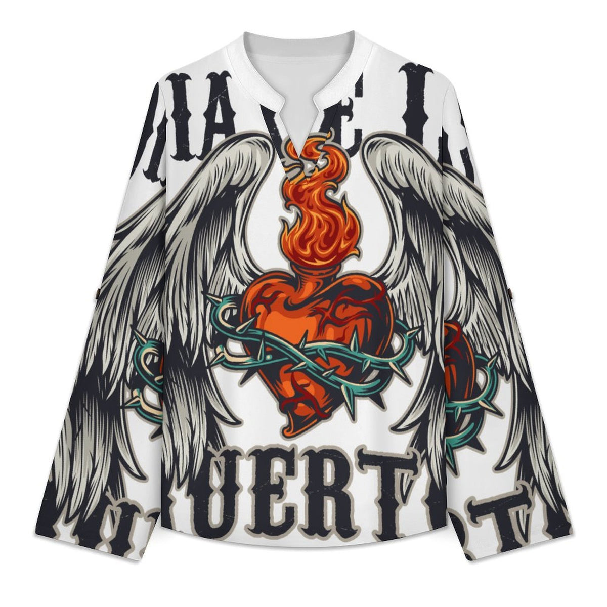 Stand-up Collar Long-sleeved Shirt Death Day,heart, Wings  Customization Women’s V-Neck Blouses,long Sleeve,Roll-Up Sleeve Shirt