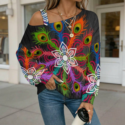 Off-the-shoulder Sweater Peacock Feather  Asymmetric Cold Shoulder Knit Sweater for Women, Adjustable Buckle Strap Long Sleeve Casual Slouchy Pullover