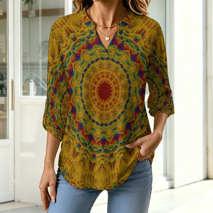 Stand-up Collar Long-sleeved Shirt Retro Pattern, Background  Customization Women’s V-Neck Blouses,long Sleeve,Roll-Up Sleeve Shirt