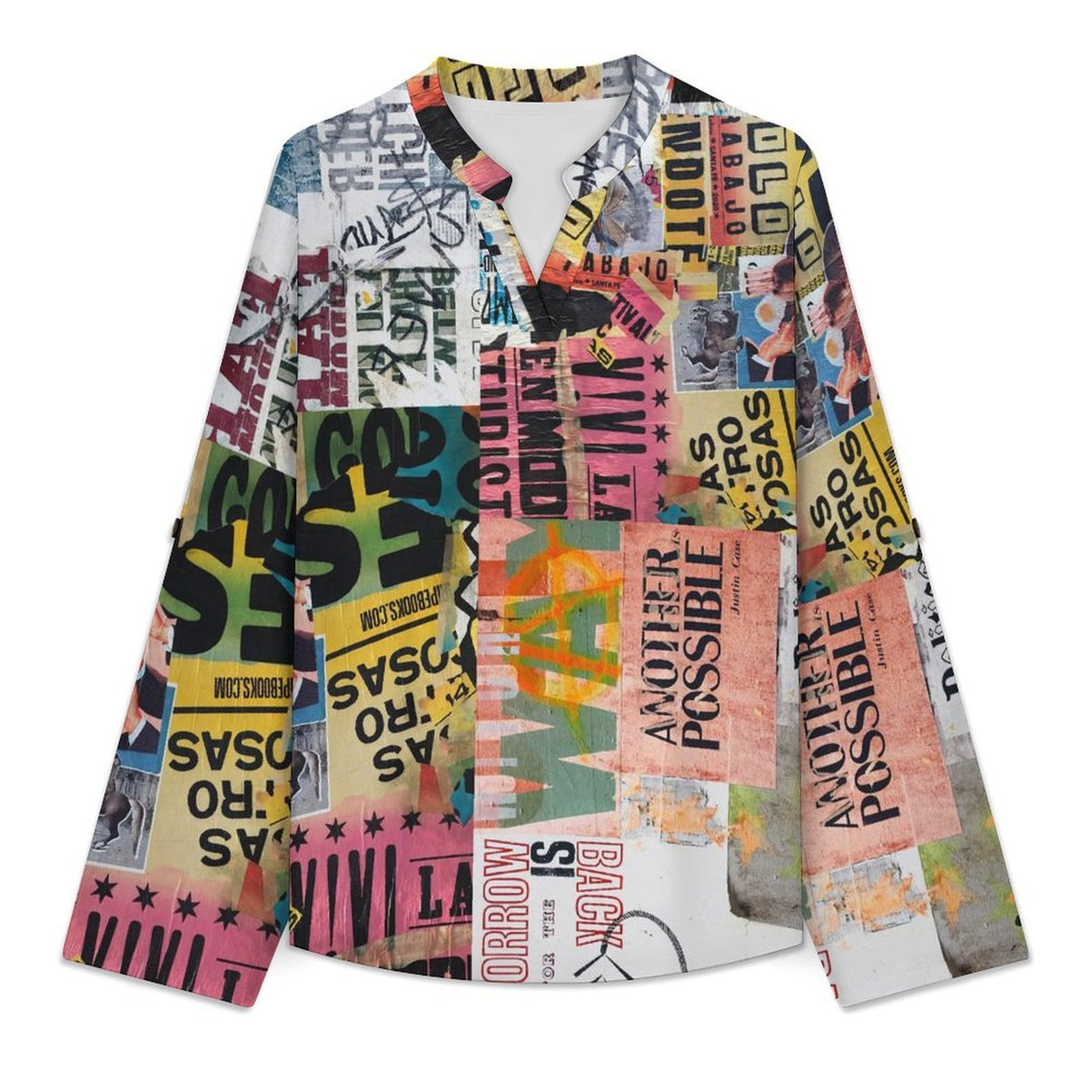 Stand-up Collar Long-sleeved Shirt Graffiti  Customization Women’s V-Neck Blouses,long Sleeve,Roll-Up Sleeve Shirt