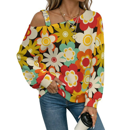 Women’s Off-Shoulder Knit Sweater Colorful Flowers