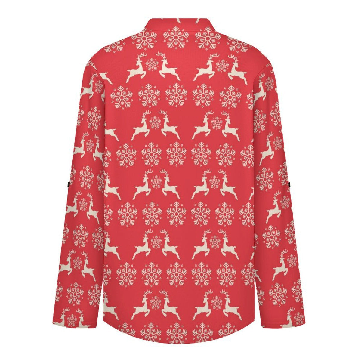 Women's Notched V Neck Tunic Tops, Roll Up 3/4 Sleeve Button Cuff Casual Blouse, Hem Loose Work Shirts  Christmas-snowflake-reindeer-red-tiled-repeat