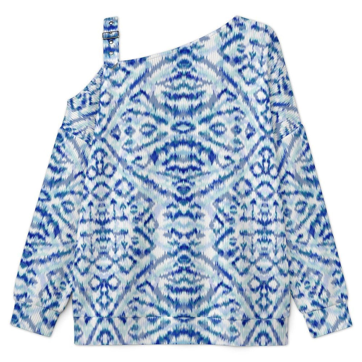 Off-the-shoulder Sweater European Retro Pattern  Asymmetric Cold Shoulder Knit Sweater for Women, Adjustable Buckle Strap Long Sleeve Casual Slouchy Pullover