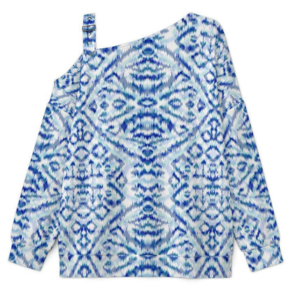 Off-the-shoulder Sweater European Retro Pattern  Asymmetric Cold Shoulder Knit Sweater for Women, Adjustable Buckle Strap Long Sleeve Casual Slouchy Pullover