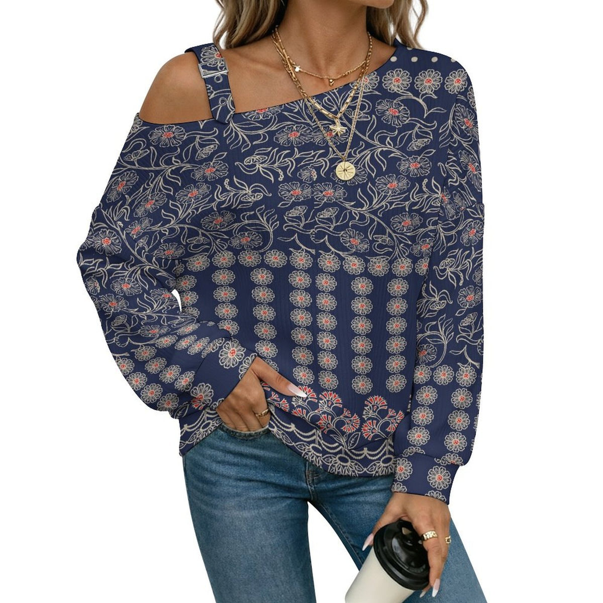 Off-the-shoulder Sweater European Retro Pattern  Asymmetric Cold Shoulder Knit Sweater for Women, Adjustable Buckle Strap Long Sleeve Casual Slouchy Pullover