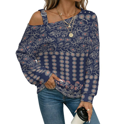 Off-the-shoulder Sweater European Retro Pattern  Asymmetric Cold Shoulder Knit Sweater for Women, Adjustable Buckle Strap Long Sleeve Casual Slouchy Pullover