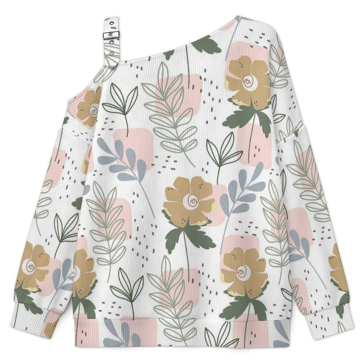 Off-the-shoulder Sweater Floral Pattern  Asymmetric Cold Shoulder Knit Sweater for Women, Adjustable Buckle Strap Long Sleeve Casual Slouchy Pullover