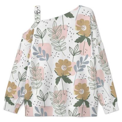 Off-the-shoulder Sweater Floral Pattern  Asymmetric Cold Shoulder Knit Sweater for Women, Adjustable Buckle Strap Long Sleeve Casual Slouchy Pullover
