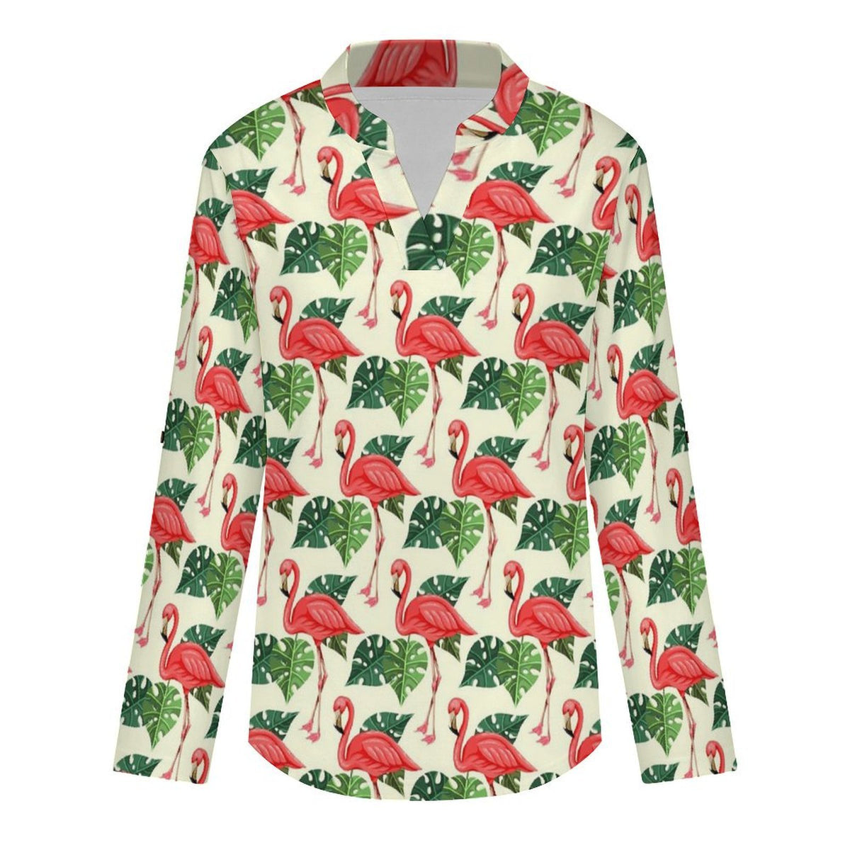 Women Curved Hem V Neck Roll Sleeve Casual Work Top  Flamingo, Repeating Pattern