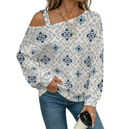 Off-the-shoulder Sweater European Retro Pattern  Asymmetric Cold Shoulder Knit Sweater for Women, Adjustable Buckle Strap Long Sleeve Casual Slouchy Pullover