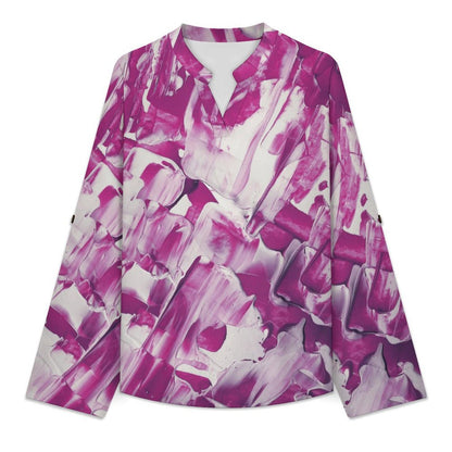 Stand-up Collar Long-sleeved Shirt Pink White Smear Pattern  Customization Women’s V-Neck Blouses,long Sleeve,Roll-Up Sleeve Shirt