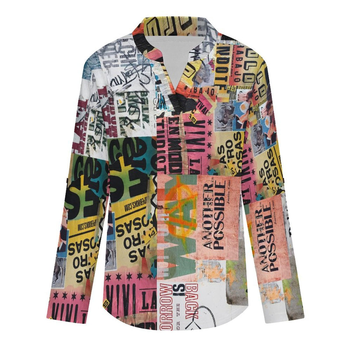 Stand-up Collar Long-sleeved Shirt Graffiti  Customization Women’s V-Neck Blouses,long Sleeve,Roll-Up Sleeve Shirt